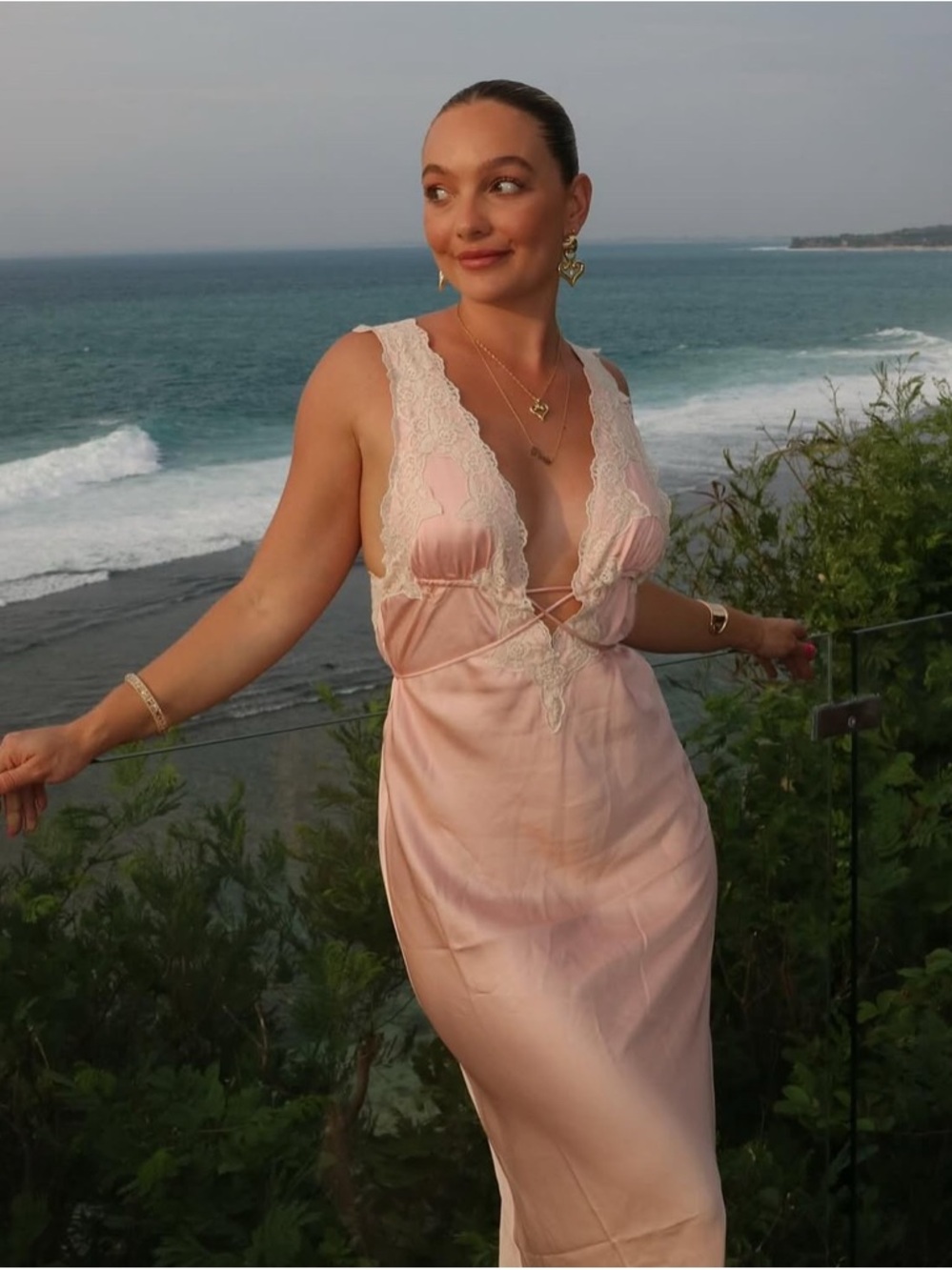 Rumored NWT Blush Pink Satin Maxi Slip with Cream Lace